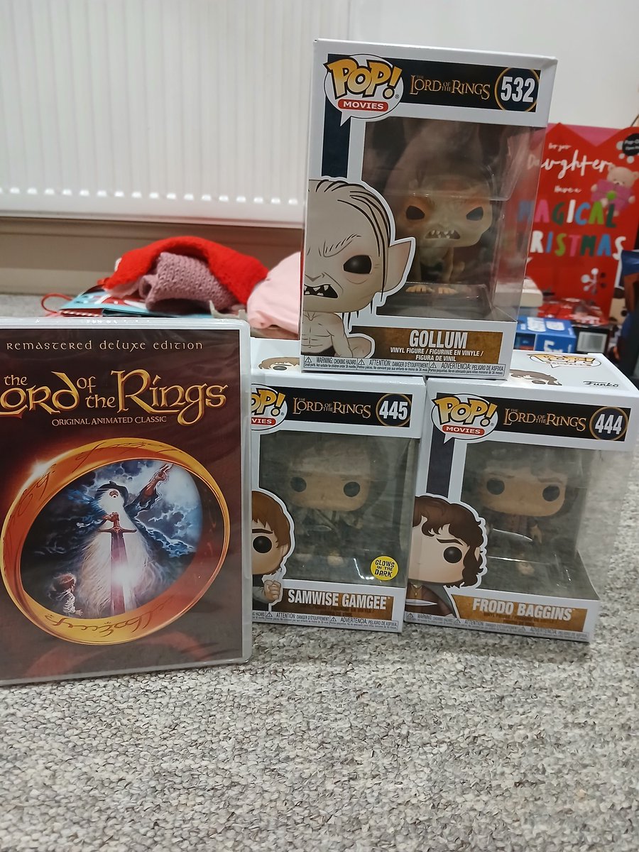 WarneAdam58298's tweet photo. Christmas 'Lord of the Rings' haul.....my son, an afficionado of funko pops, gave me Frodo, Sam and Gollum....my partner replaced my long worn out copy of Ralph Bakshi's animated Lord of the Rings #TolkienNerd https://t.co/r1qjrLnCix