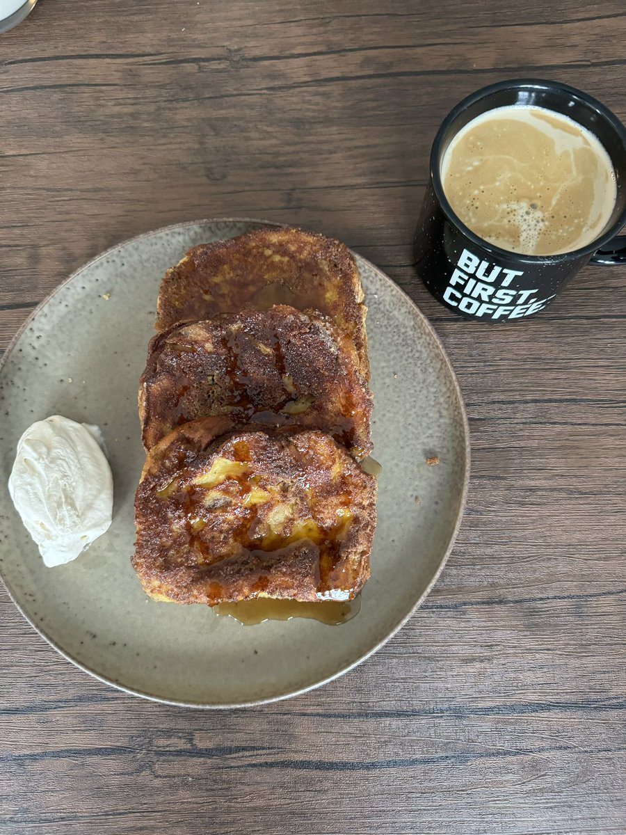 Caramelized french toast with salted caramel whipped cream, and a latte