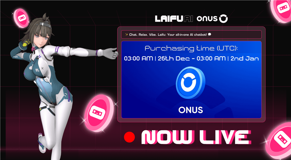 LaifuAI's tweet photo. 🚀 $LAIFU Public Sale is Live—Get Yours Now! 🌟

It’s time to take action! $LAIFU is available for purchase on @ONUSFinance

📅 Public Sale Period (UTC): 03:00 AM | 26th Dec – 03:00 AM | 2nd Jan
🔗 Grab Your $LAIFU Now at @ONUSFinance 

✨ Chat. Relax. Vibe. Explore Laifu, your AI chatbot for all things life!

Details: https://t.co/ENbx4cLqNv

#BuiltOnBase #LaifuAI #AI #ONUS