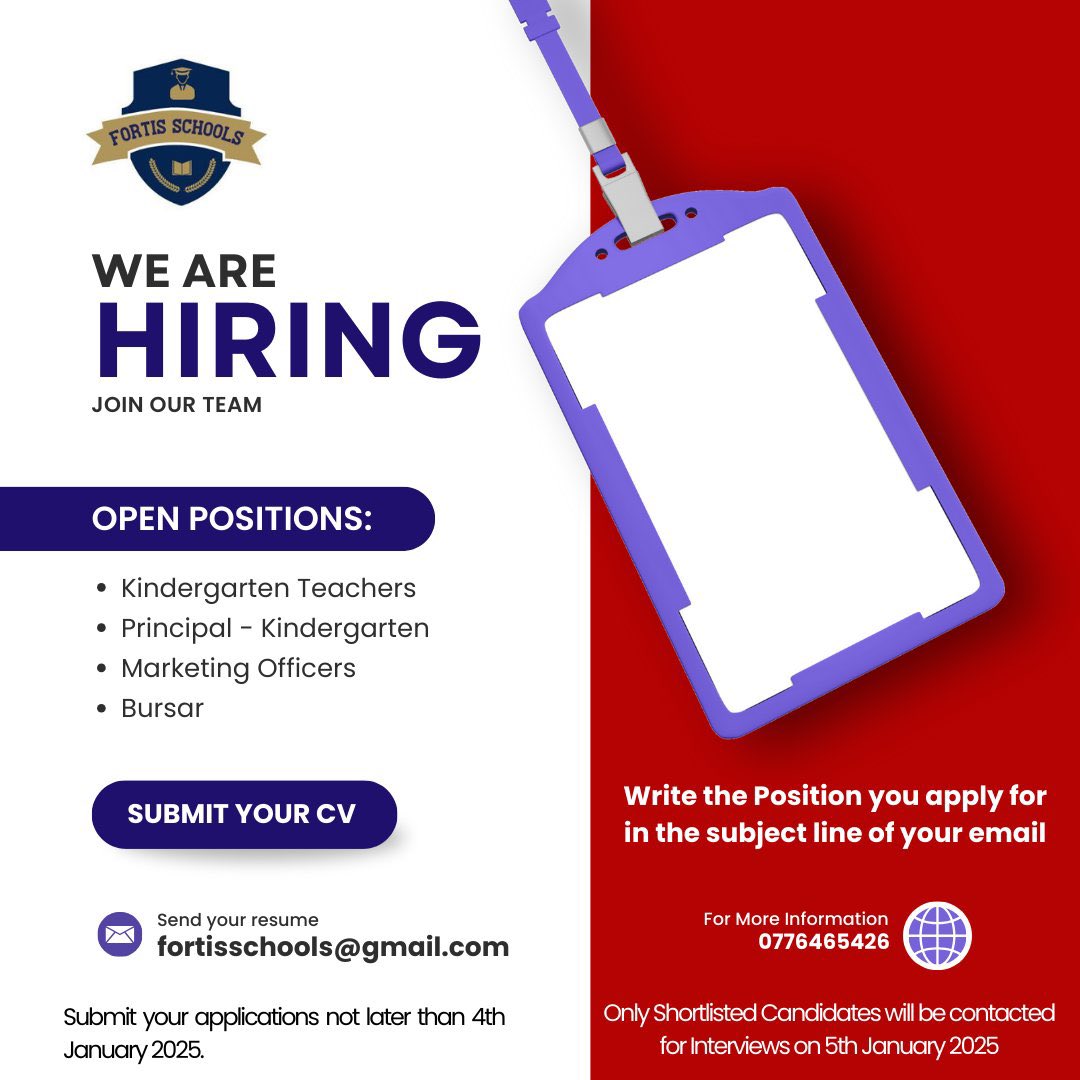 PRwoth's tweet photo. JOB ALERT 🔔 

@FortisSchools is Hiring.

Join the team at Fortis in transforming Education in Uganda.
1. Kindergarten teachers 
2. Principal- Kindergarten 
3. Marketing Officers
4. Bursar 

Submit in your application &amp; CV
#Jobs https://t.co/Loi3jQVOQc