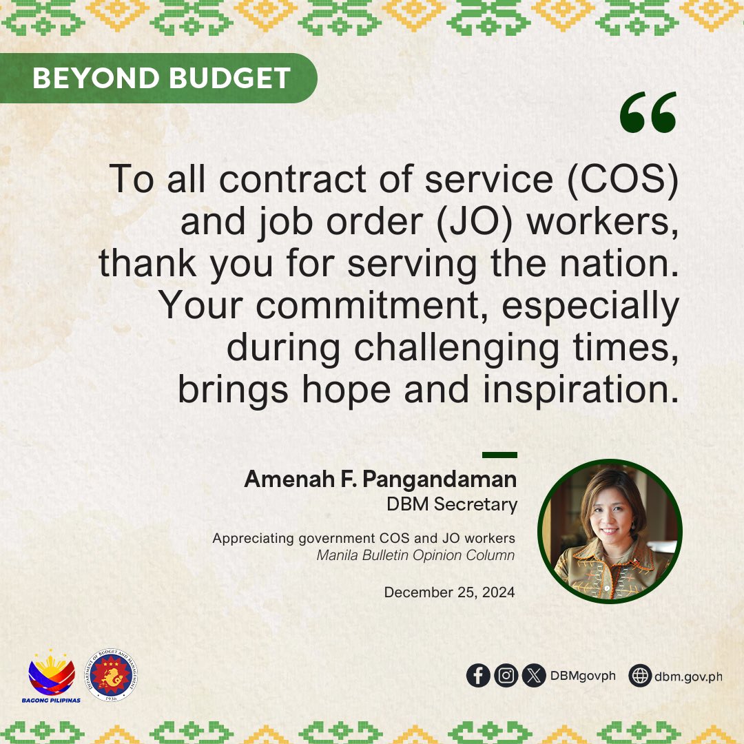 DBMgovph's tweet photo. #BeyondBudget: In her latest Manila Bulletin article, Department of Budget and Management (DBM) Secretary Amenah F. Pangandaman recognized the crucial role that contract of service (COS) and job order (JO) workers in government play in achieving our Agenda for Prosperity. https://t.co/50c8cfPWFY