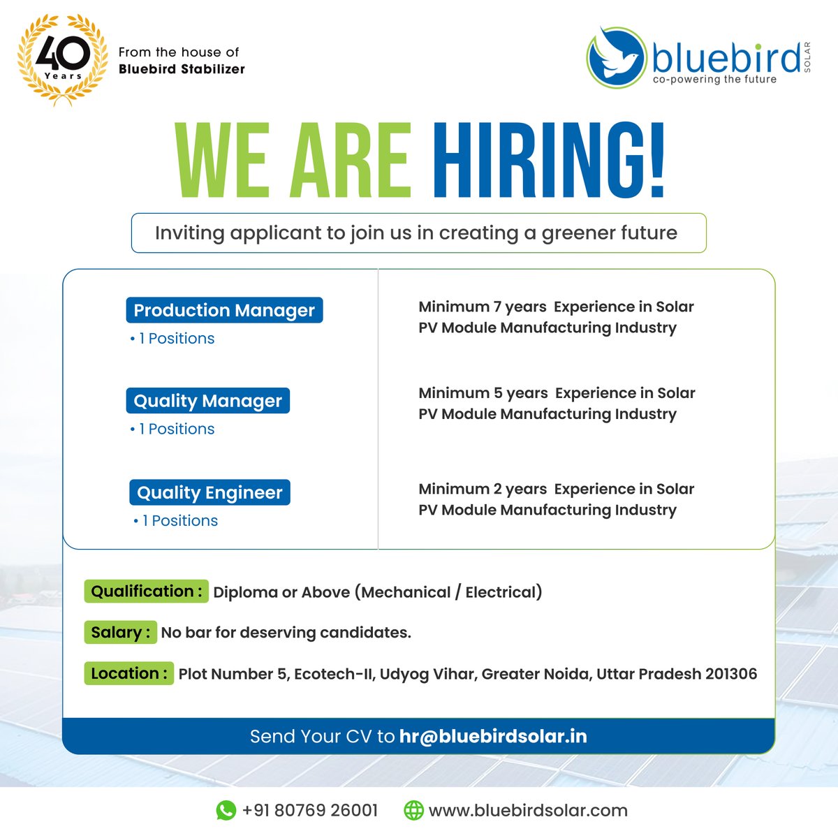 BluebirdSolarIN's tweet photo. #HiringAlert
#BluebirdSolar is #hiring for multiple profiles, Join our team for a bright future. 
Apply Now &amp; Grow with us! ✉️ Send your CV to👉 hr@bluebirdsolar.in  
.
.
.

#joboppurtunity #jobalert #career #vacancy #solarjobs #solar #solarpanels https://t.co/SfaZHKNxdV