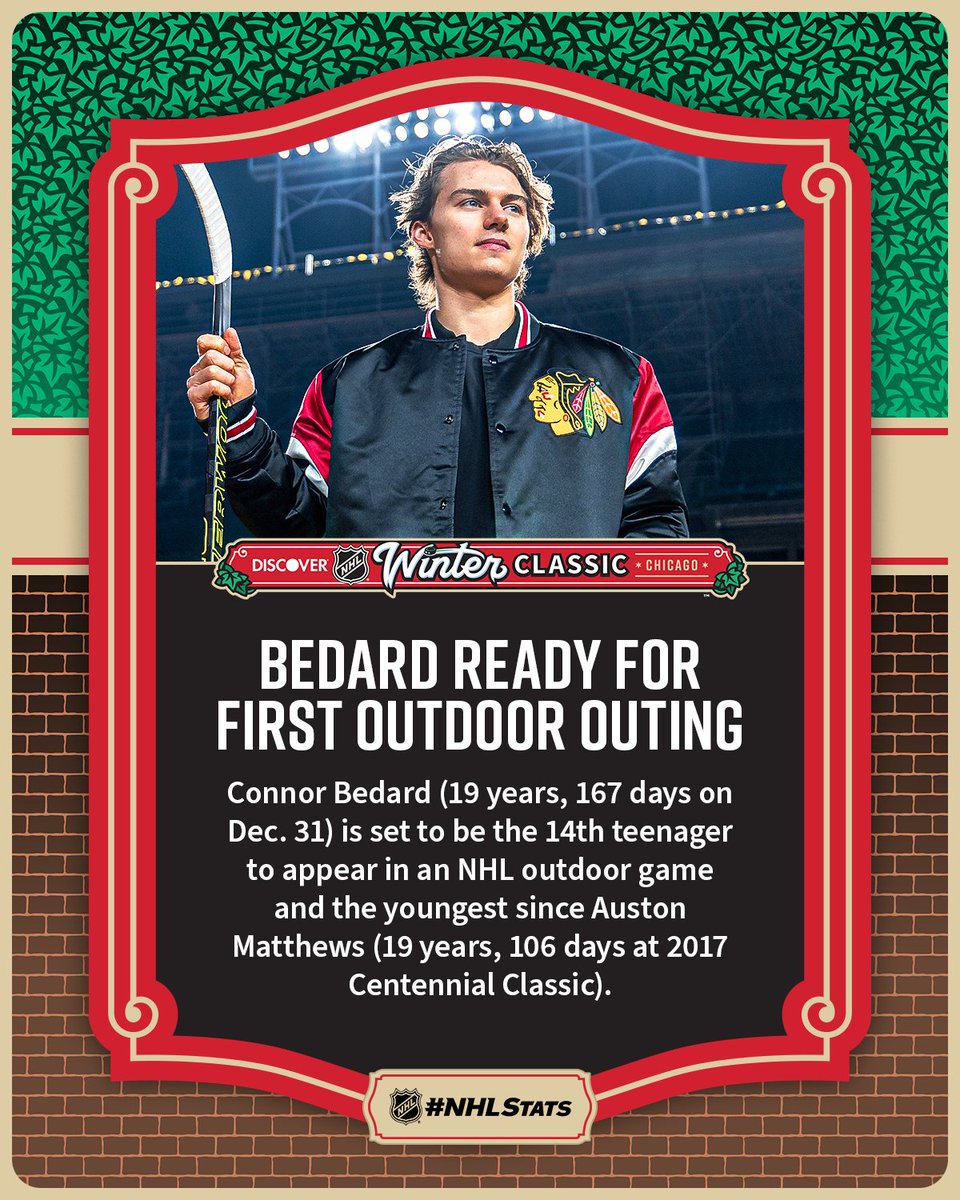 NHLPR's tweet photo. Connor Bedard is set to appear in his first outdoor game when the @NHLBlackhawks &amp; Blues clash at Wrigley Field for the Discover NHL #WinterClassic on New Year’s Eve.

📺 : 5 p.m. ET on @NHL_On_TNT, @SportsonMax, @truTV, @Sportsnet, @TVASports

#NHLStats: https://t.co/fca3NFA5kB https://t.co/aktn6o7W9H
