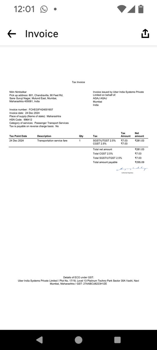niitin_nc's tweet photo. @Uber_India for my trip on 24th Dec 2024, the fare on my mobile was showing Rs. 176/- whereas on driver's mobile it was Rs.295/- query raised on your app wasn't answered properly. Pl. clarify why two different rates are appearing. Pl. refer to the invoice downloaded from ur app. https://t.co/zhjL38JtVN