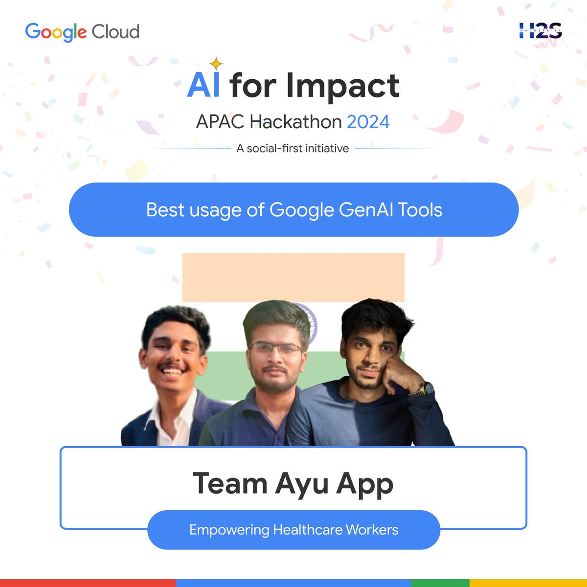 hack2skill's tweet image. Congratulations to Team Ayu App from India for securing the special mention title at the @googlecloud presents #AIforImpact APAC Hackathon!

Congratulations🥁🥁 
- Om Surve
- Senthil Kumar P
- Vrindar Kelkar

#BuildForABetterTomorrow #GoogleCloud #Hack2skill