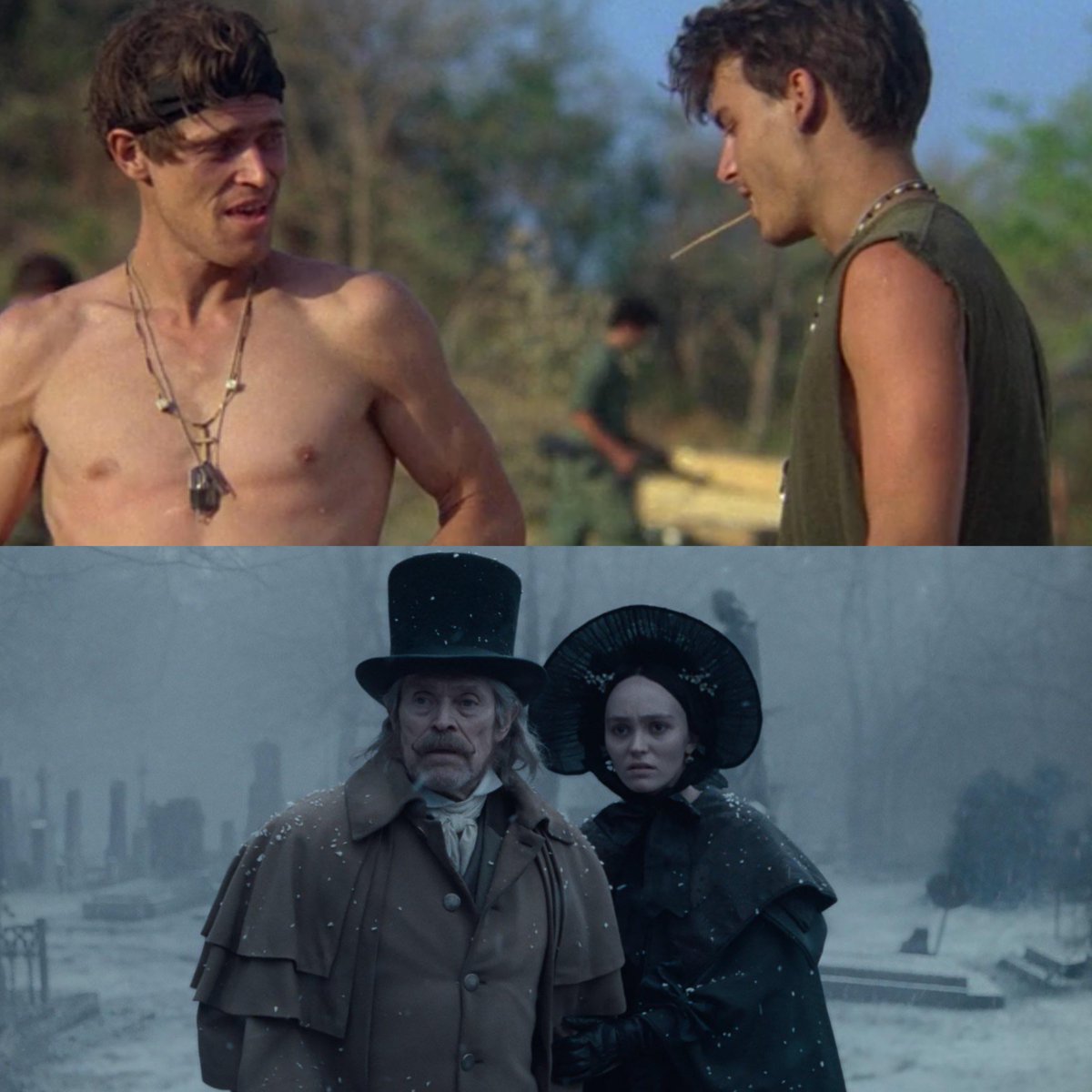 Willem Dafoe &amp; Johnny Depp in Platoon (1986; Stone) 

Willem Dafoe &amp; Lily Rose Depp in Nosferatu (2024; Eggers)