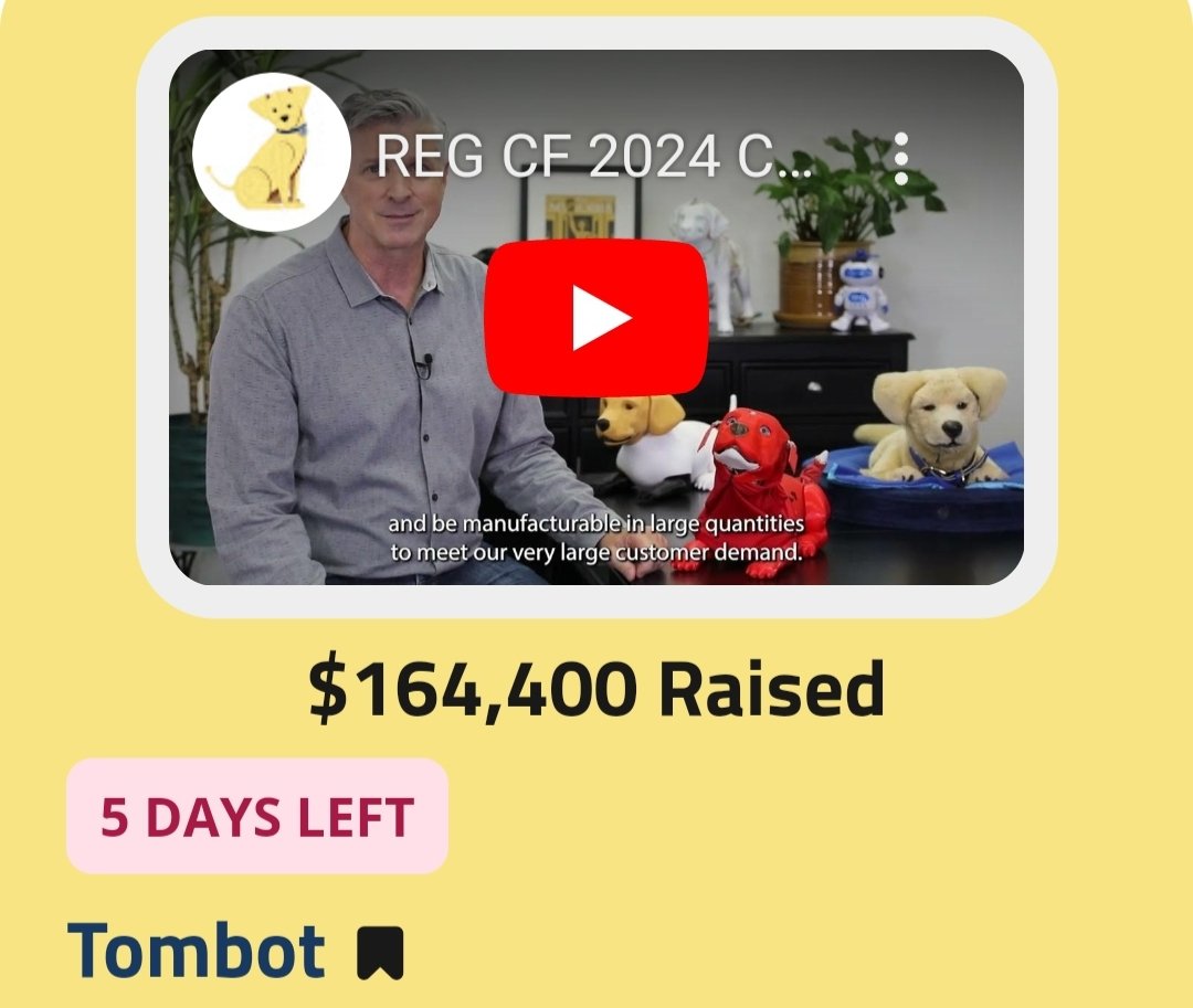 yourbrit54's tweet image. $164,400 raised - and 5 days left to raise more!

Take part in a solution for Dementia, PTSD, and Autism-related patients today!

Invest in this round with $249 minimum and get $1.03 shares until 12/31/24 🙌

picmiicrowdfunding.com/deal/Tombot/