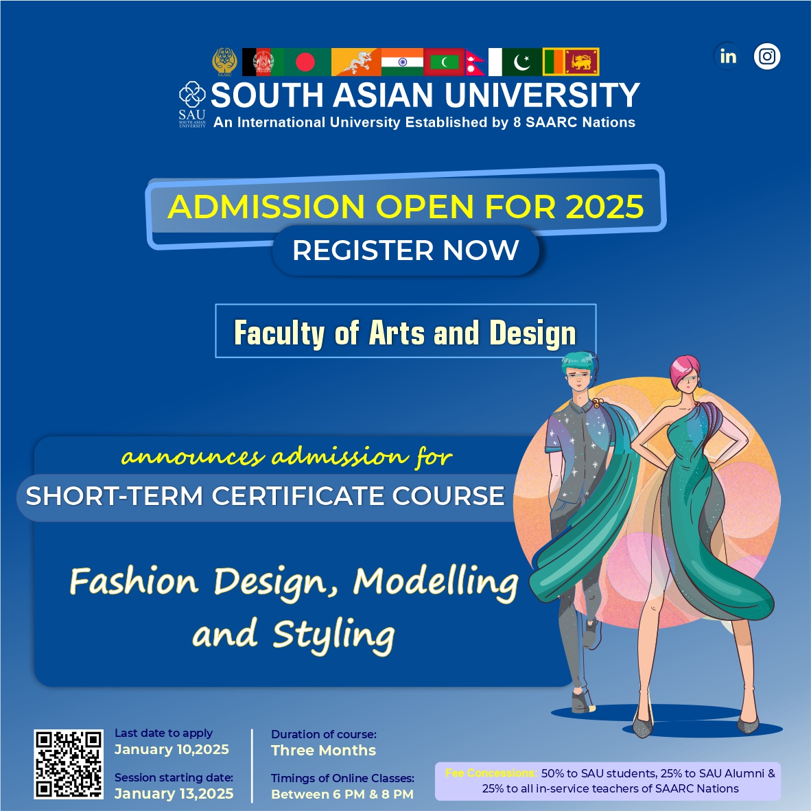 SAUKoha's tweet photo. Admission deadline for online prog. has been extended to Jan 10, 2025
MS (Data Sci. and Artificial Intel.)  2 Y Online Degree Prog.
Short-Term  Comm. Design &amp; Graph.,  Theatrical Arts and Acting Techniques, Vocal Musik and Art of Singing,  Fashion Design, Modelling, and Styling https://t.co/ejPUmiiaWz