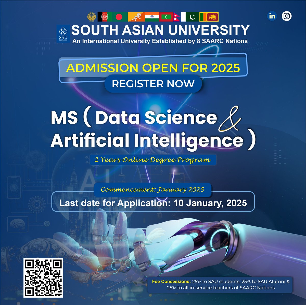 SAUKoha's tweet photo. Admission deadline for online prog. has been extended to Jan 10, 2025
MS (Data Sci. and Artificial Intel.)  2 Y Online Degree Prog.
Short-Term  Comm. Design &amp; Graph.,  Theatrical Arts and Acting Techniques, Vocal Musik and Art of Singing,  Fashion Design, Modelling, and Styling https://t.co/ejPUmiiaWz