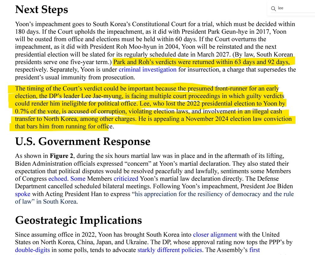이건 민주당에 대한 제안이다.

12/23 발표된 미 의회조사국(CRS) 보고서 "South Korean Political Crisis: Martial Law and Impeachment"에는 현 상황과 맞물린 이재명 대표에 대한 간단한 소개가 있는데,

- 170석(56.7%) 민주당 대표
- 2022년 대선에서 윤석열한테 0.7%차로 짐
- 부패, 선거법