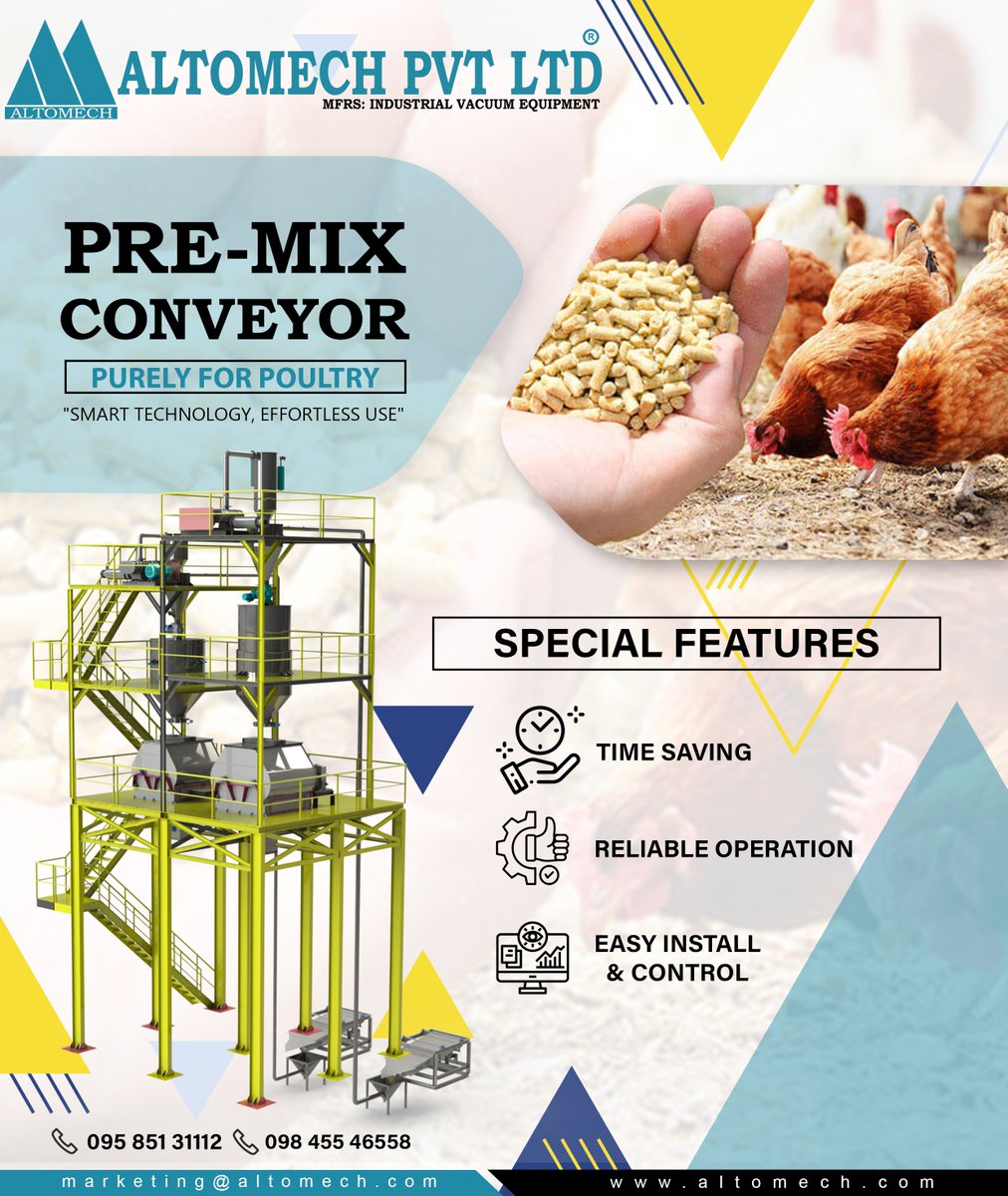 alto_mech's tweet photo. Altomech Premix Conveyor Technology: Moving You Forward
#premixconveyor #vacuumconveyor #pneumaticconveyor #altomech #poultry #feed #industry #animal #animalfood #manufacturing #manufacturingsolution #feedindustry #feedprocessing #animalfeedprocessing https://t.co/Zx8kpkqDxJ