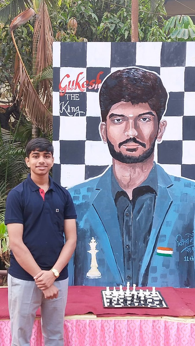 As everyone in the country is celebrating your phenomenal victory, <a href="/DGukesh/">Gukesh D</a> Vibhav Gondhalekar a student from my school A G Highschool,  Dapoli has painted your portrait. <a href="/ChessbaseIndia/">ChessBase India</a> <a href="/chesscom/">Chess.com</a> <a href="/FIDE_chess/">International Chess Federation</a>
<a href="/IndiaSports/">Dept of Sports MYAS</a> <a href="/narendramodi/">Narendra Modi</a> #Gukesh #India #Chess
#worldchesschampion