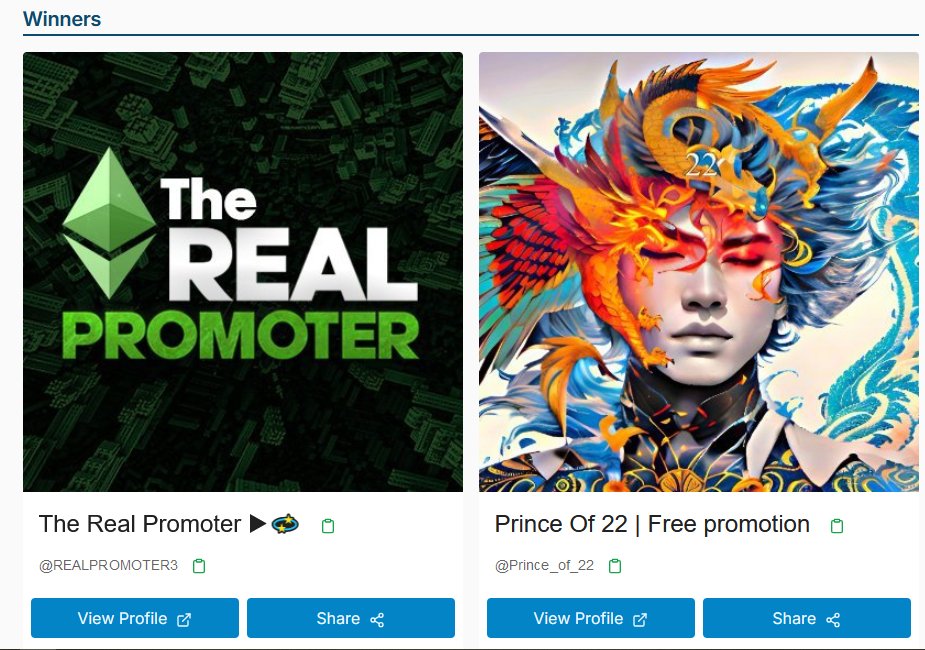 Crypto Prince | Web3 & NFT Promoter (@crypto_prince2) on Twitter photo Congrats Winners <a href="/REALPROMOTER3/">The Real Promoter ▶💫</a> & <a href="/Prince_of_22/">Prince Of 22 | Free promotion</a> draw/1735150578404/winners
Please DM and collect your reward. Congrats Winners <a href="/REALPROMOTER3/">The Real Promoter ▶💫</a> & <a href="/Prince_of_22/">Prince Of 22 | Free promotion</a> draw/1735150578404/winners
Please DM and collect your reward.