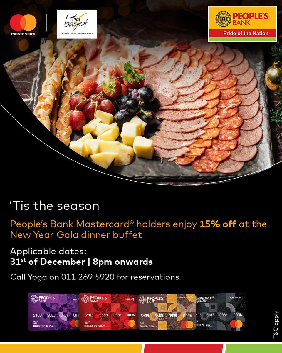 Enjoy 15% off at “The Bayleaf” with your People’s Bank Mastercard®️ Credit or Debit Card.

*Conditions apply.

#PeoplesBank #PrideOfTheNation
