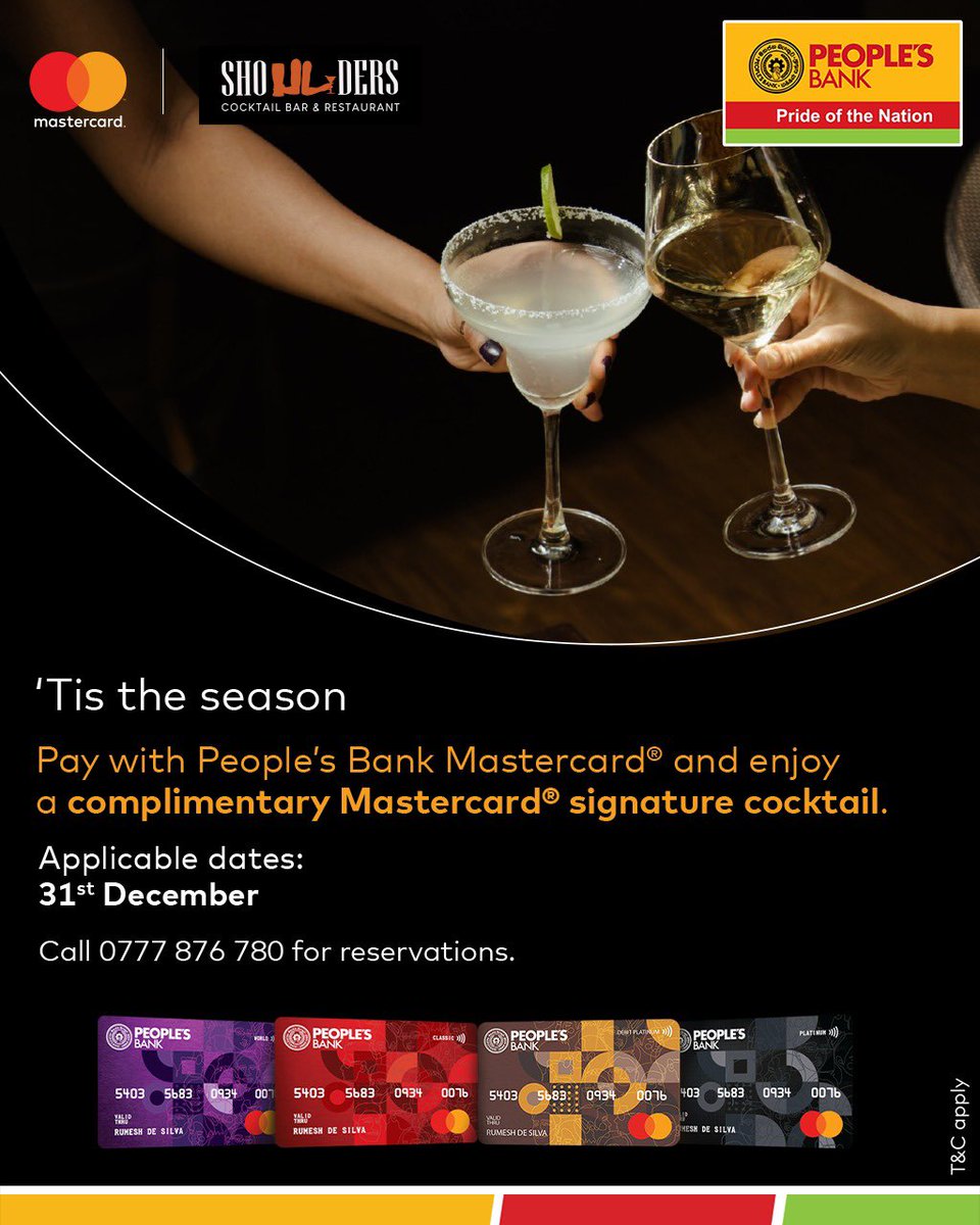 Enjoy a complimentary Mastercard®️ signature cocktail at “Shoulders by Harpos” with your People’s Bank Mastercard®️ Credit or Debit Card.

*Conditions apply.

#PeoplesBank #PrideOfTheNation