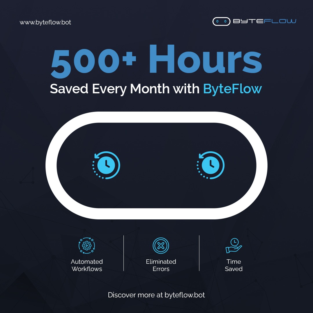 ByteFlowBot's tweet image. What would you do with an extra 500+ hours every month?

ByteFlow helps businesses automate workflows, eliminate errors, and reclaim valuable time.

🌐 Discover how ByteFlow can transform your workflows at byteflow.bot.

#ByteFlow #SaveTime #AutomationSolutions