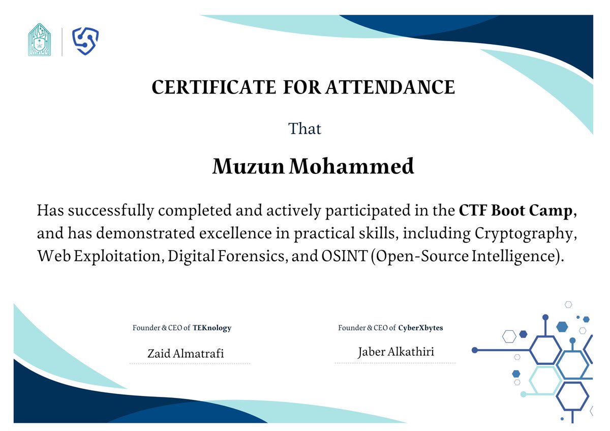 muzun_al's tweet photo. Certified from the CTF Bootcamp by @CyberXbytes and @Tek_Future1. 
Grateful for the experience!
 #CyberXbytes #TEKnology https://t.co/ttgfEKPpjk