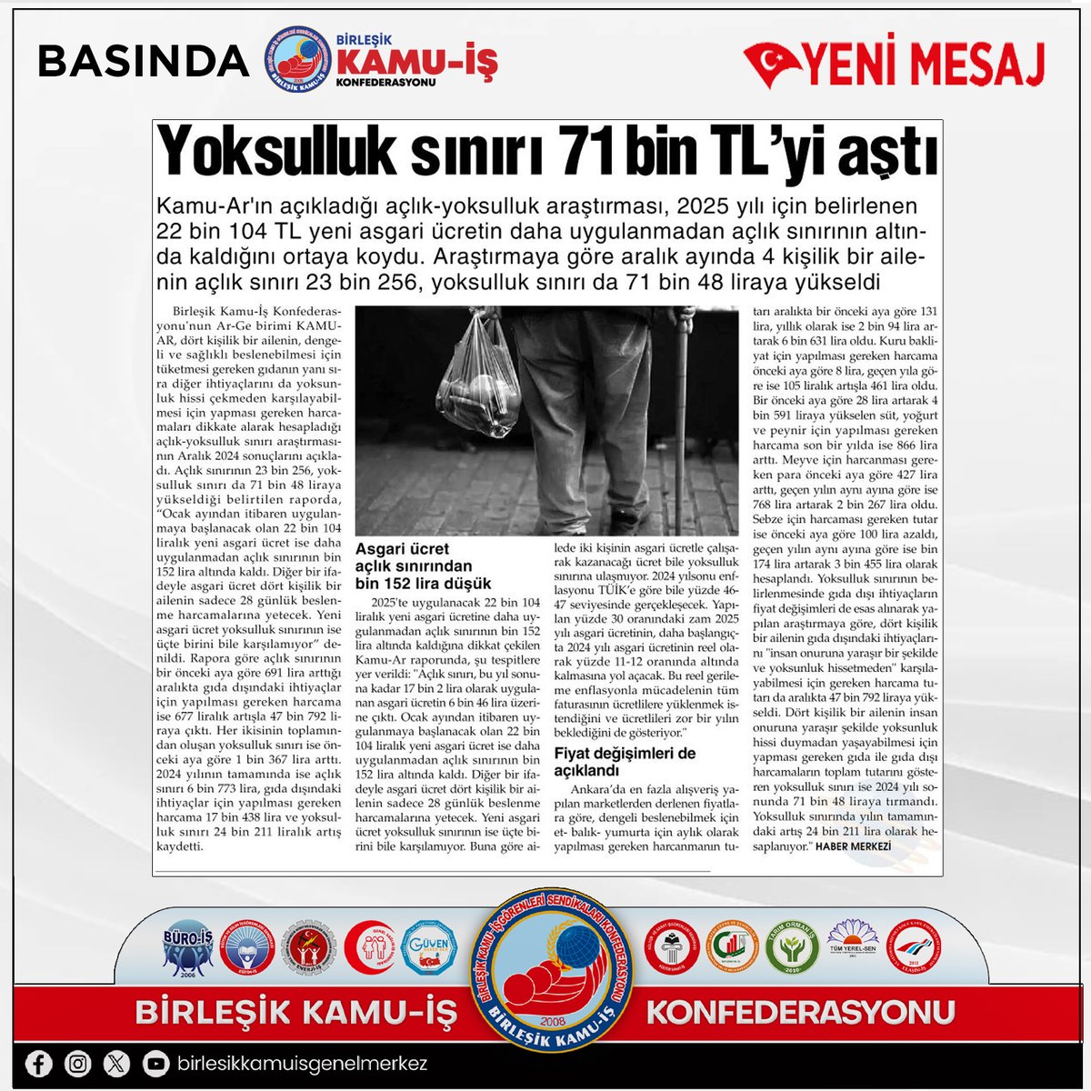 kamuiskonf's tweet photo. Kondeferasyonumuz Arge birimi Kamu Ar tarafından yapılan Aralık ayı Açlık yoksulluk Rakamları Araştırması yazılı basında geniş şekilde yer aldı.
#kamuar #açlık #yoksulluk #rakamları #araştırma #asgariucret https://t.co/W2XPRXSgR0