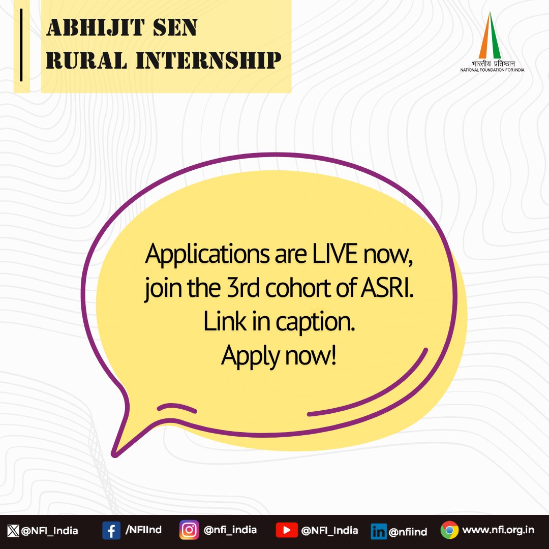 NFI_India's tweet photo. Why apply for our #AbhijitSen Rural Internship? Hear it straight from Shruti Upadrasta, our 2nd cohort intern. This is the first in our #InternInsight series—a sneak peek into the real experiences and impact.
Apply now:https://t.co/kUUEjoA3Bh
🗓️Last date: 31st Dec,24 https://t.co/3PVDTbpAgD