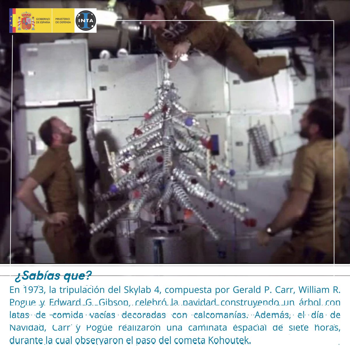 UCC_INTA's tweet photo. Hoy en nuestro #Sabíasque hablamos de cómo en 1973 los astronautas del #Skylab4 celebraron la #Navidad.
🎄👩🏾🚀👨🏻🚀🎅🏻
📷 @NASA https://t.co/xermGjKBu7