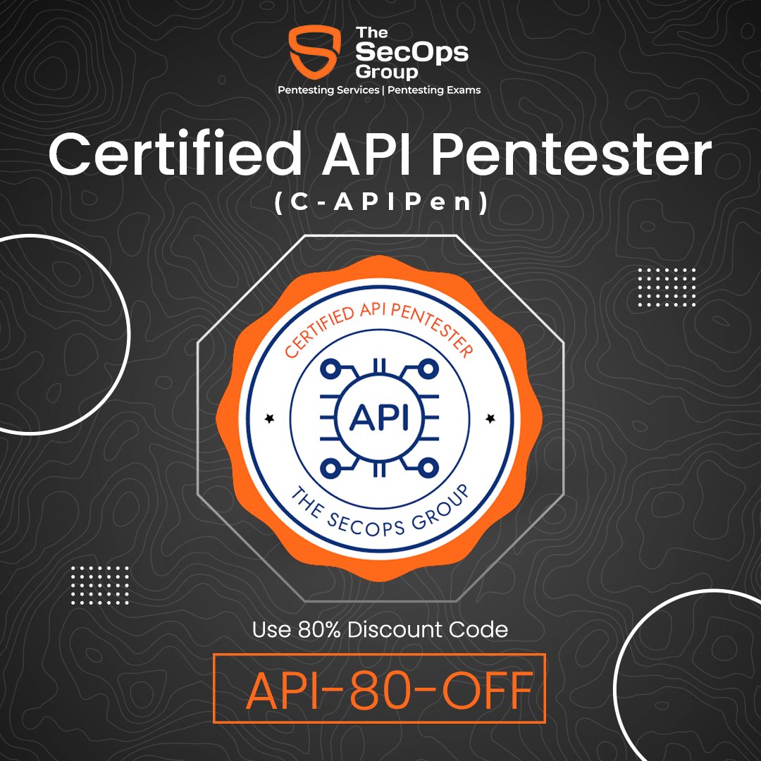 TheSecOpsGroup's tweet image. 🚨 𝗚𝗶𝘃𝗲𝗮𝘄𝗮𝘆 𝗔𝗹𝗲𝗿𝘁! 🚨
Want to become a Certified 𝗔𝗣𝗜 𝗣𝗲𝗻𝘁𝗲𝘀𝘁𝗶𝗻𝗴 𝗣𝗿𝗼? Here’s your chance to WIN our coveted API Pentesting Exam 𝗖𝗲𝗿𝘁𝗶𝗳𝗶𝗲𝗱 𝗔𝗣𝗜 𝗣𝗲𝗻𝘁𝗲𝘀𝘁𝗲𝗿 (𝗖-𝗔𝗣𝗜𝗣𝗲𝗻) for FREE! 🏆

Here’s how you can participate:

1. Like this…