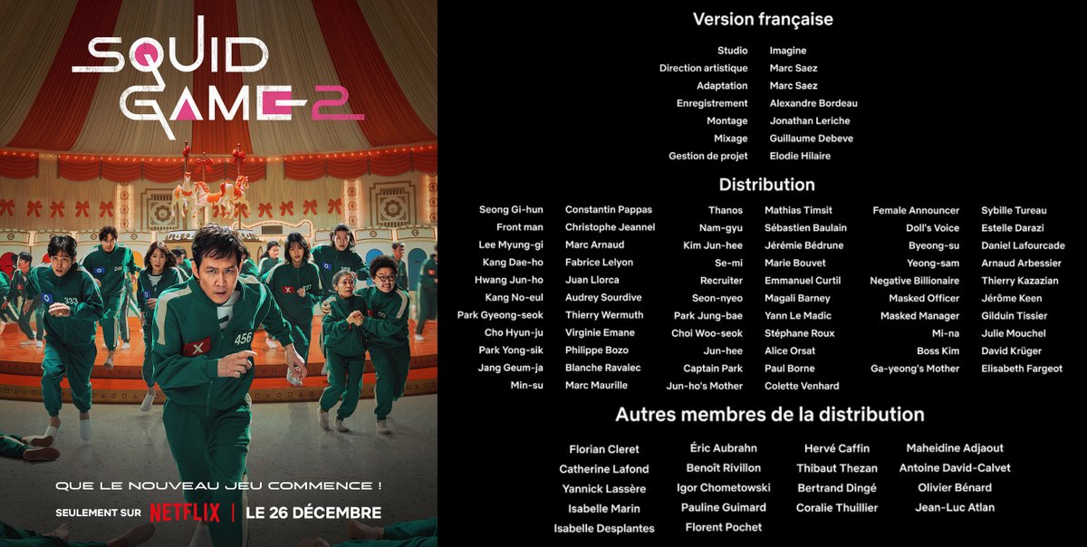 Carton de doublage de la Saison 2 de Squid Game sur Netflix dirigé par <a href="/saezmarc/">Marc SAEZ</a> 

Avec <a href="/Audrey_Sourdive/">Audrey Sourdive</a> <a href="/ThierryWermuth/">Thierry Wermuth</a> @MarcMaurille <a href="/AliceOrsat/">Alice Orsat</a> <a href="/EstelleDarazi/">Darazi Estelle</a> <a href="/Daktof/">David Krüger</a> et <a href="/yannicklassere/">Yannick Lassère</a>