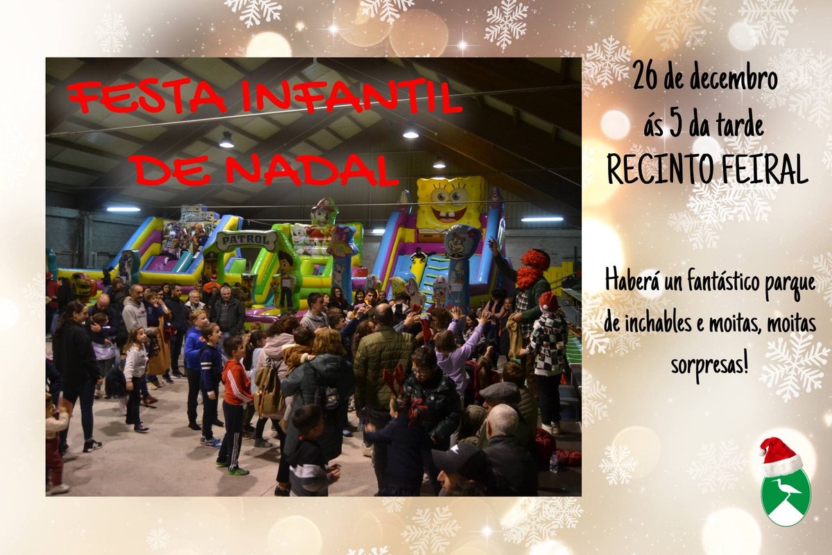 Esta tarde, as nenas e nenos de Mazaricos teñen un plan moi divertido: unha fantástica festa infantil con parque de inchables e moitas sorpresas!
Ás 5 da tarde no recinto feiral da Picota.
#NadalMZ