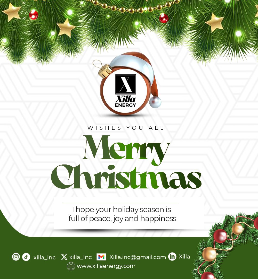 Prime_Xilla's tweet photo. Season’s Greetings from Xilla!

As we celebrate this festive season, we wish you joy, peace, and happiness. 

Together, let’s continue driving toward a greener and more sustainable future.

#Xilla #GreenRevolution #SustainableEnergy #MerryChristmas https://t.co/Vmll7ygjyF
