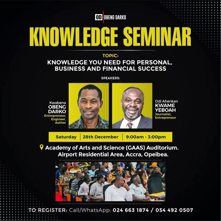 TheHighStreetJ's tweet image. Unlock the secrets to personal, business, and financial success! Speakers: 👉 Kwabena Obeng Darko – Entrepreneur, Engineer, Author, 👉 Odi Ahenkan Kwame Yeboah – Journalist, Entrepreneur.

#KnowledgeSeminar #PersonalGrowth #BusinessSuccess #FinancialSuccess #AccraEvents
