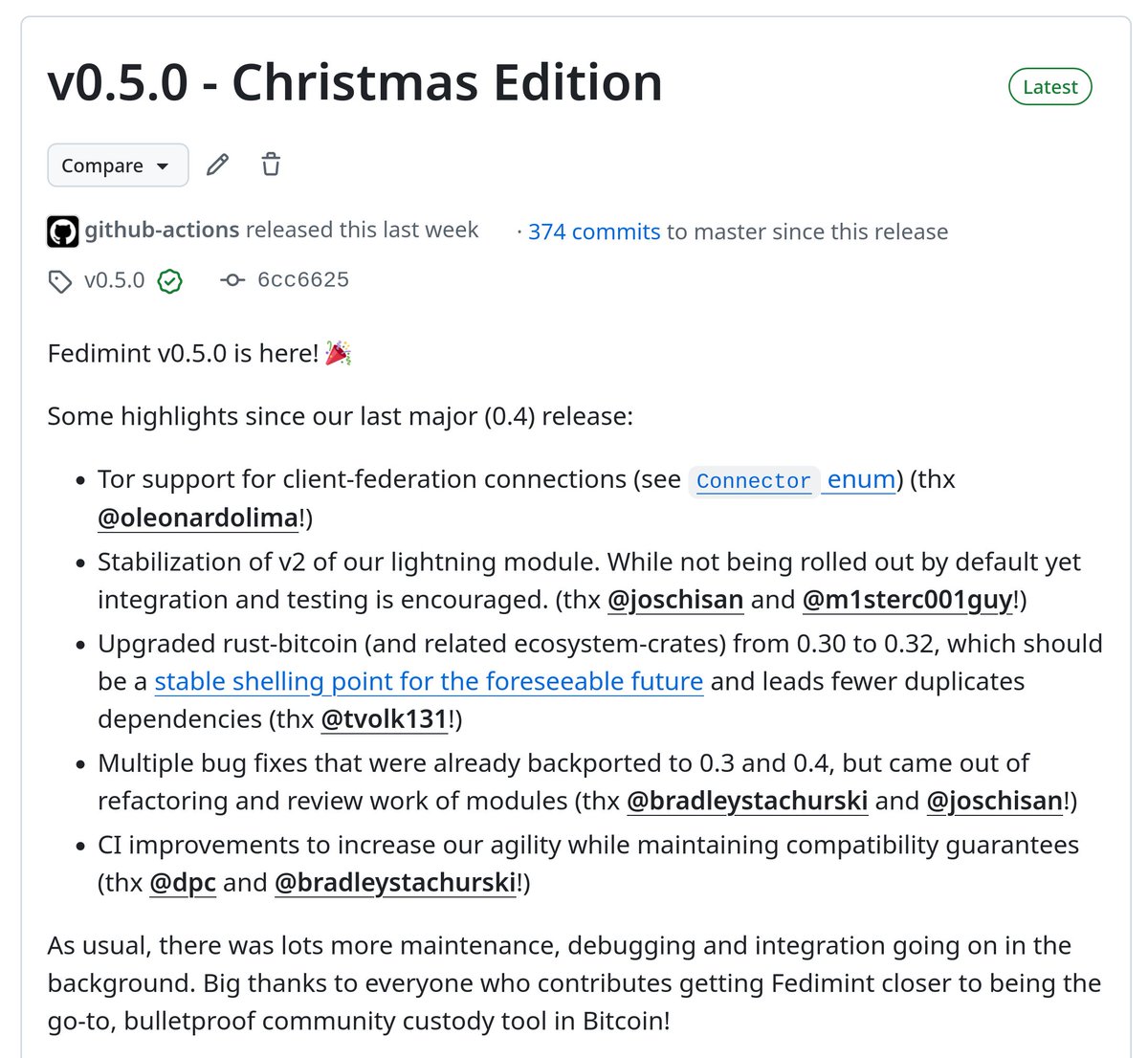 Fedimint v0.5 has landed! 🚀 

The highlights:

* Stabilizing the next generation lightning module ⚡️
* Tor support for even more privacy 😎
* Ongoing robustness improvements and staying up to date with the ecosystem ⚙️

I want to thank all the contributors who made it happen! 💪