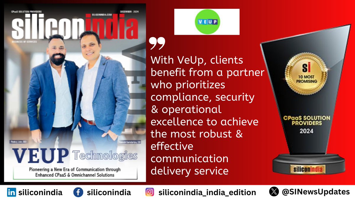 SINewsUpdates's tweet image. @VSmshub has been selected by #siliconIndia as one of the &apos;10 Most Promising CpaaS Solution Providers - 2024&apos;.

Read more: lnkd.in/dURfH5XJ

Rakesh Samdariya, CIO
Pankaj Jain, CEO
Puneet Mishra, CTO

#CpaaSSolutionProviders #ITindustry #cloudplatform #machinelearning