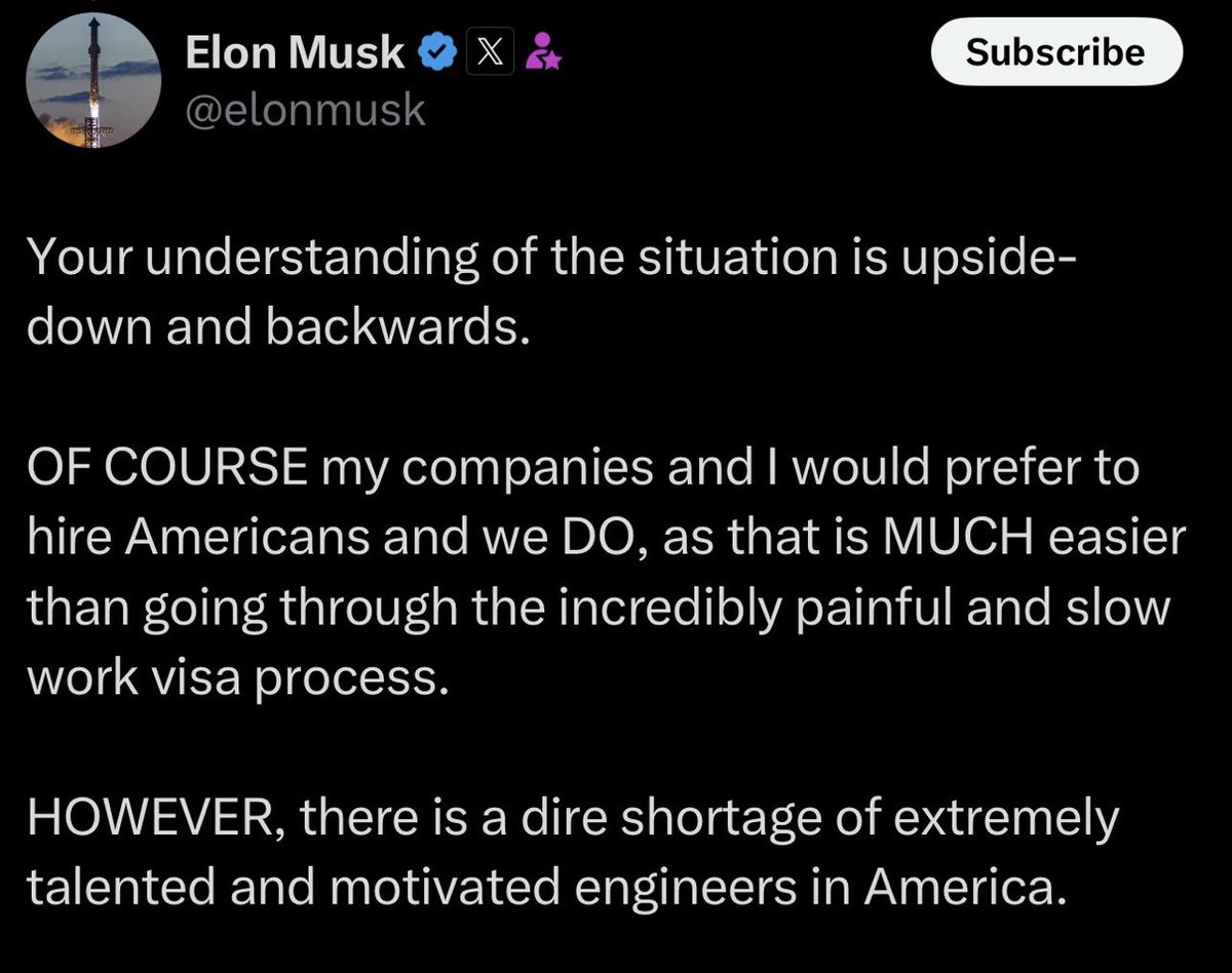 Elon’s idea of extremely motivated are people like the Chinese. He’s said as much many times and that he considers western workers as being lazy. The standard work week in China is 72 hours long and called 9-9-6. 9AM to 9PM, 6 days a week, with no benefits. There’s your shortage.