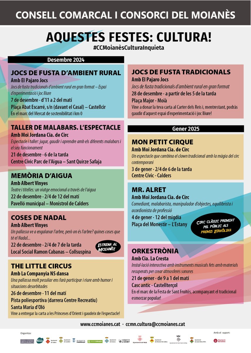📢Aquesta setmana amb el #FestivalCCMoianèsCulturaInquieta <a href="/comarcamoianes/">Consell Comarcal del Moianès</a>  estarem a: 
🗓️#26des a <a href="/aj_olo/">Ajuntament d'Oló</a> amb circ de carrer, 
🗓️#28des a <a href="/AjMoia/">Ajuntament de Moià</a> amb jocs tradicionals de fusta,
acompanyant als petits i no tant petits a portar la carta als Reis d'Orient.