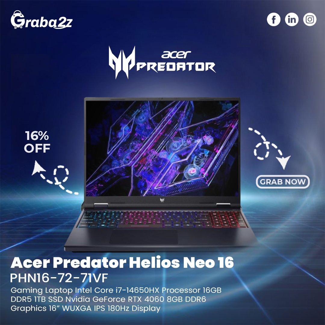 GrabAtoz's tweet image. 🔥 Acer Predator Helios Neo 16
🖥️ Intel i7-14650HX | 16GB DDR5 RAM | 1TB SSD
🎨 RTX 4060 8GB Graphics

💥𝟭𝟲% 𝗢𝗙𝗙
👉 Grab Now @Grabatoz

#GamingLaptop #AcerPredator #HighPerformance #innovation  #techworld #uae