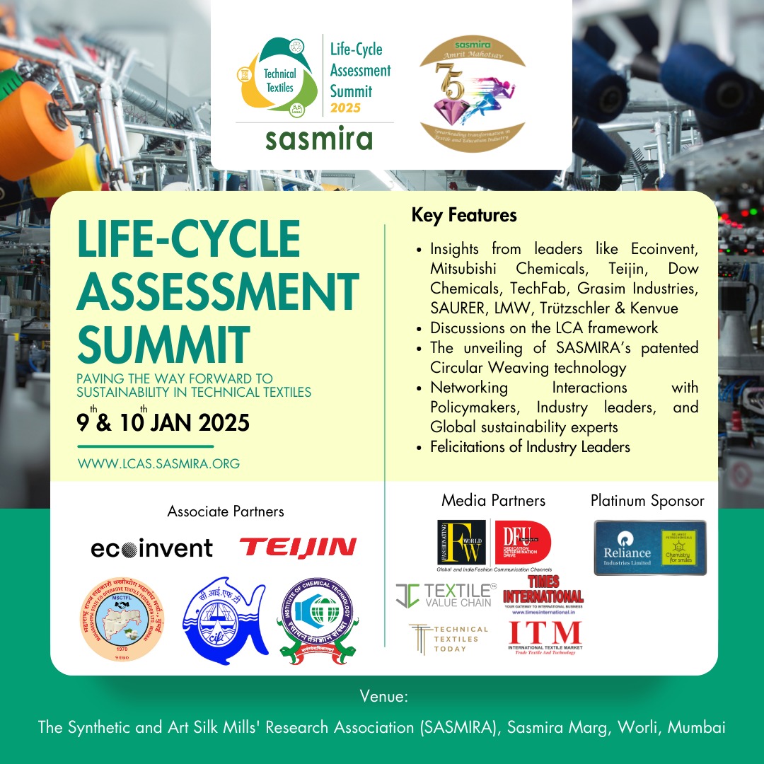 sasmira1950's tweet photo. 🌿LCAS Summit 2025 is here! 🌿
Explore Life Cycle Assessment (LCA) in technical textiles &amp; sustainable textile manufacturing with industry experts.
📅When: 9th -10th January 2025
📍Where: SASMIRA, Worli, Mumbai
🔗Register now: https://t.co/tq58EJYtsg
#LCASSummit2025 #LCA #MOT https://t.co/RfyBF6chON