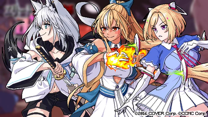 I helped with designing Fubuki, Flare, and Akirose boss portraits for Elite Exorcist Miko.   #holoindie #エリート陰陽師みこ 