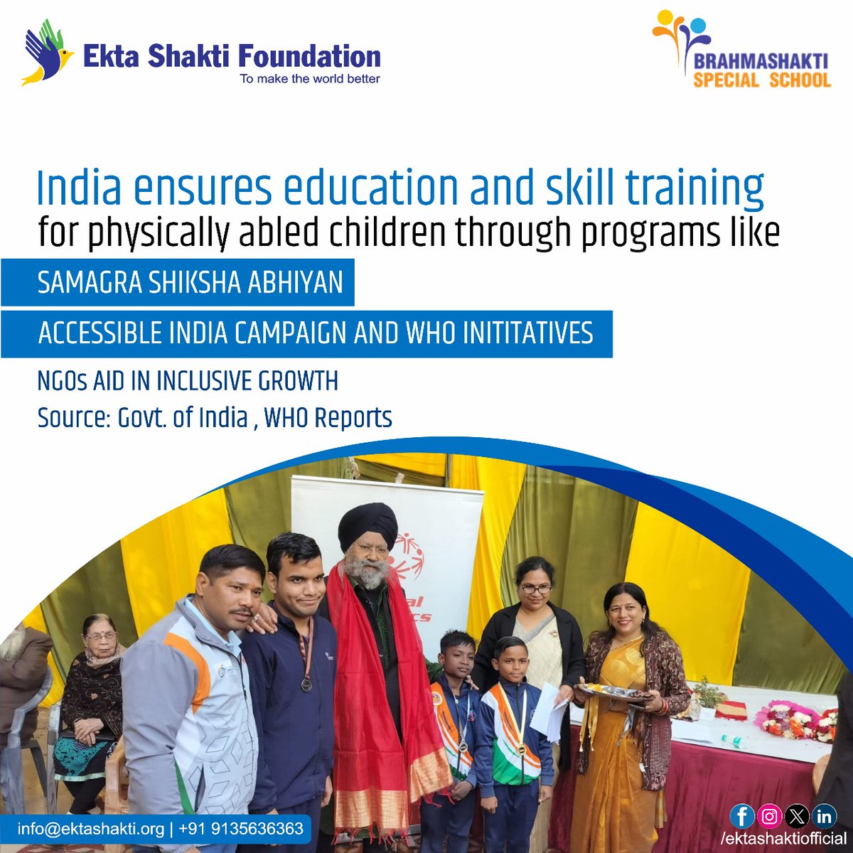 ekta_shakti's tweet image. India ensures education and skill training for physically abled children through programs like Samagra Shiksha Abhiyan and Accessible India campaign and WHO initiatives. NGOs aid in inclusion growth.

#specialkids #preciousone #physciallyabled #growth #development #inclusive