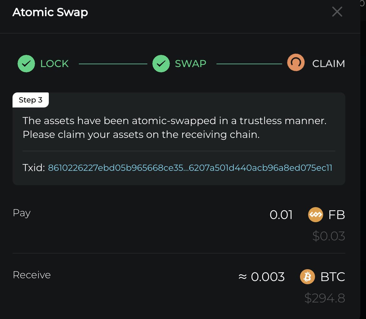 参与测试 DeTrading $FB 和 BTC 的互换

1️⃣领取测试币
fractal-testnet.unisat.io/explorer/faucet
2️⃣ 选择FB数量Review-swap

3️⃣锁定FB（1个区块确认），swap（1个区块确认），claim
4️⃣反向 btc-FB