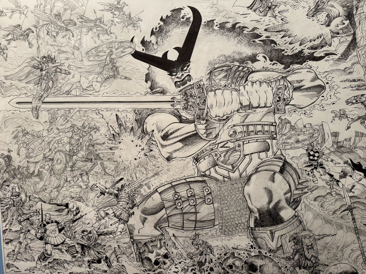 WalterSimonson's tweet photo. Surtur. WIP. Tombow ABT/N15 Brush pen/Fudenosuke Brush Pen hard tip. 2024.

Almost finished. I have the chain mail left to do and I think that's it for this guy. https://t.co/4dAioV2UCl