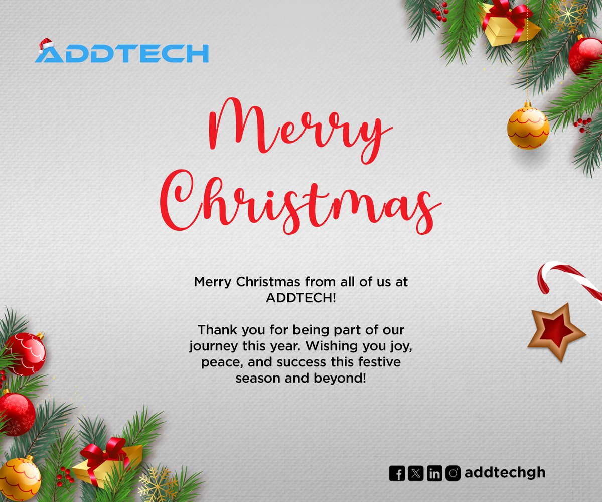 AddtechLiberia's tweet image. 🎄✨ Merry Christmas from all of us at ADDTECH! ✨🎄
Thank you for being part of our journey. Wishing you joy, peace, and success this festive season and beyond! ❤️ #MerryChristmas #ADDTECH