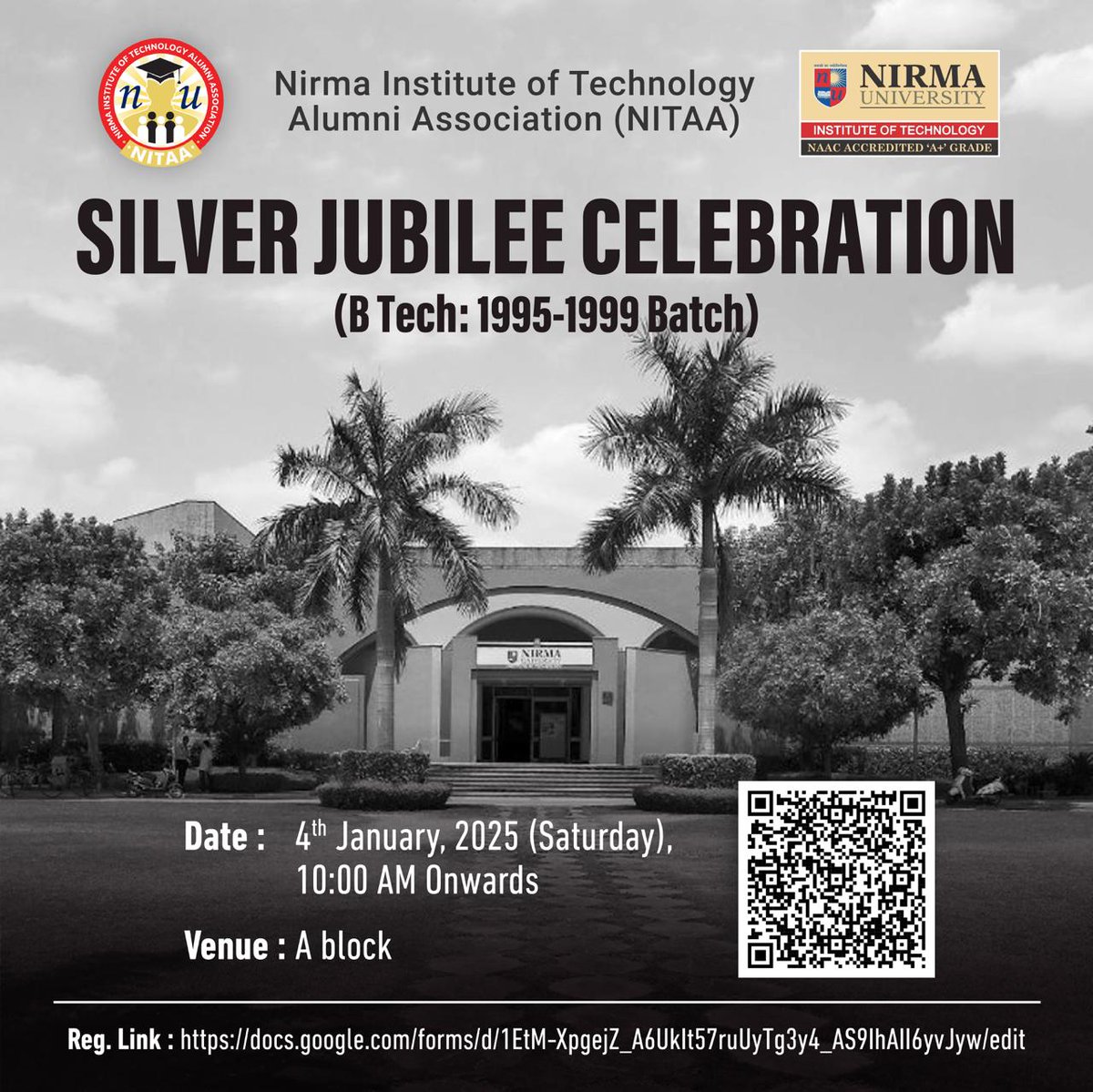 ch_itnu's tweet photo. Inviting all #alumni to the campus once again to relive the memories together. Specially #silverjubilee batch.
#CelebrationsUnlimited  
#reunion  @DrRajeshNPatel @NirmaUniTweets https://t.co/0XCCajClU5