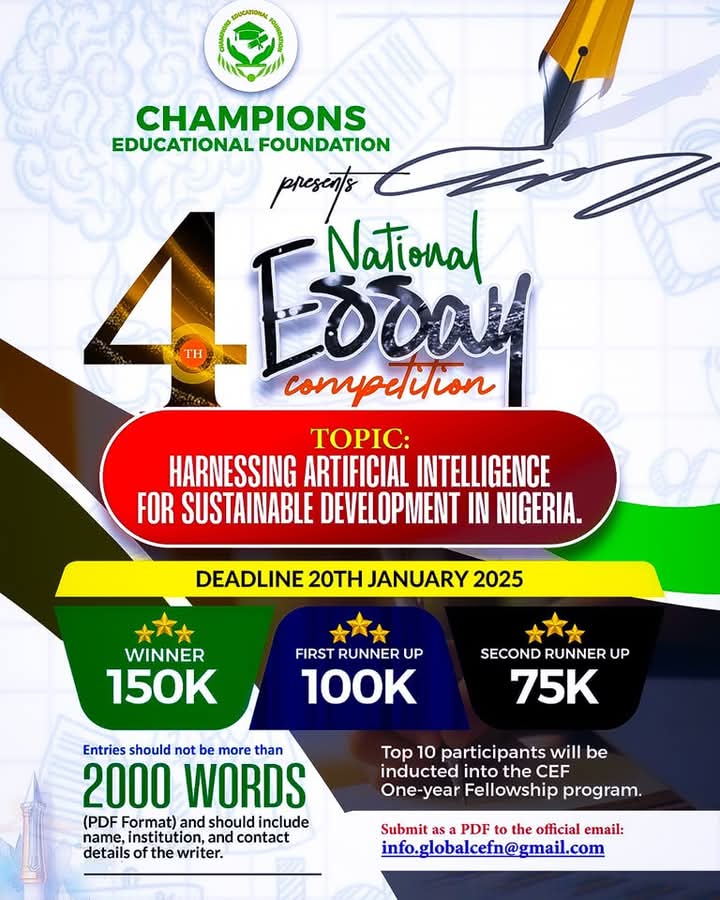 malik_kolamide's tweet photo. 🖋 Write. Win. Inspire.
Topic: Harnessing AI for Sustainable Development in Nigeria.
Prizes up to ₦150K + Fellowship Opportunity!

Consideration :

1. Essay should be original, not already used or published elsewhere.

2. AI generated contents will automatically be rejected. https://t.co/TkDiFO1ABI