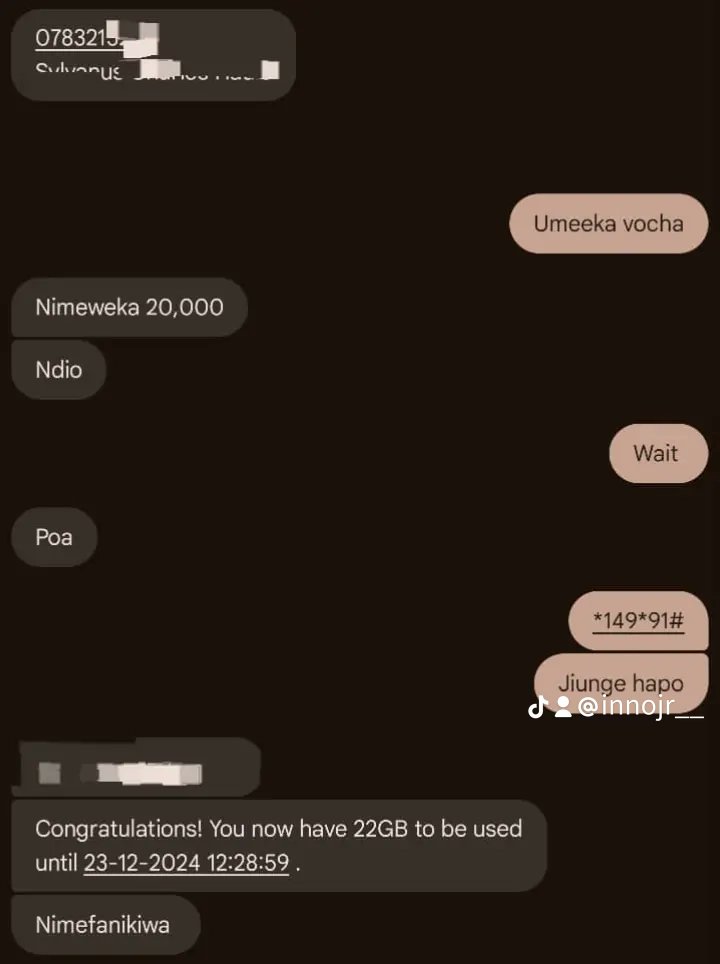 NAOMBA REPOST BILA SABABU
👇👇
AIRTEL SME PIGA *149*91# 
KAMA HUONI HIZI 👇NJOO
15K- 15GB
20K-22GB
30K-35GB
50K-60GB
HII MENU NAKUPA KWA SIMU YAKO UNAJIUNGA MWENYEWE 
KIGEZO
NAMBA YAKO &amp; WEKA VOCHA YA PACKAGE UNAYOTAKA,
👉Nakupa menu ya kudumu
wa.me/+255752074654