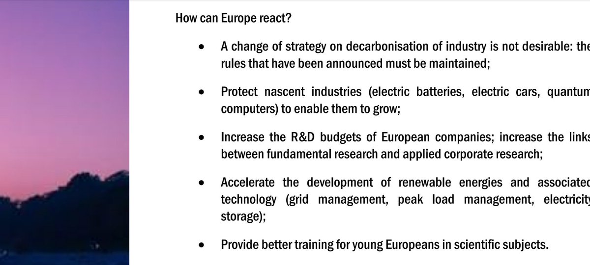 Arvostetun ranskalaisen  taloustieteilijän EU:n teollisuuden pelastusohjelma
- pidetään ilmastotavoitteet
- suojaa nouseville aloille
- yritysten T&amp;K + yhteys perustutkimuksen
- vauhtia uusiutuvaan energiaan ja liittyviin tekniikoihin (kulutuksen hallinta, varastot)
- luma-opetus