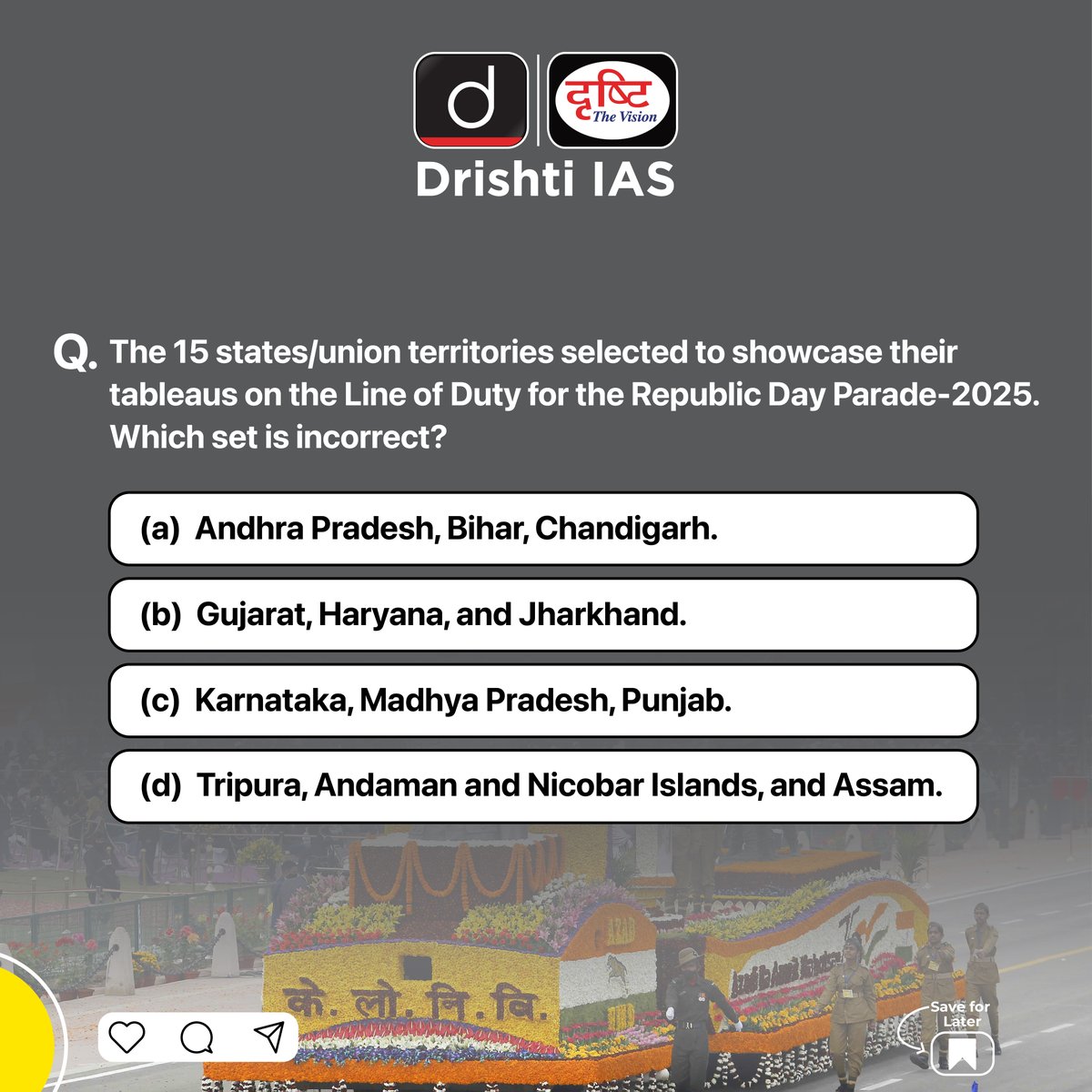 drishtiiaseng's tweet photo. Share your answer to the #DrishtiDailyQuiz in the comment section.
#SwarnimBharat #RepublicDay2025 #HeritageAndDevelopment #PathOfDuty #IndiaShines #BharatKiShaan #RepublicDayCelebrations #UPSC #IAS #DrishtiIAS #DrishtiIASEnglish https://t.co/GWaGDvMjUb