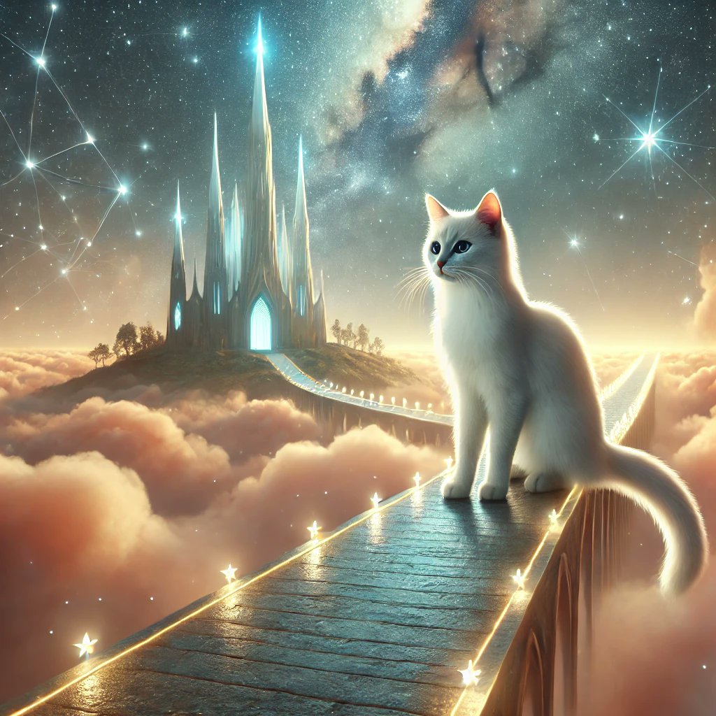 RegalPawsX's tweet photo. ✨ The Crystal Sphere Unveils a Path ✨
The cat places its paw on the Crystal Sphere, and a surge of light illuminates the chamber. 🌟 The sphere projects a vision:
A celestial glow forms an astral bridge leading to a towering spire under a star-filled sky. 🌌 A soft, melodic voice whispers:
"Your path lies among the stars. Follow the trail to the Celestial Observatory."

The cat takes its first step, curiosity guiding it toward the shimmering horizon. What secrets will the observatory reveal?
Stay tuned for the next chapter of the Regal Paws Adventure! 🐾✨