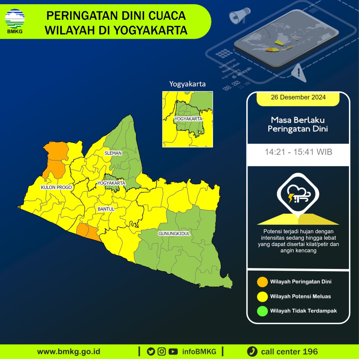 infoBMKG's tweet photo. Update Peringatan Dini Cuaca Wilayah - DI Yogyakarta Tgl. 26 Desember 2024 pkl. 14:21 WIB
Prakirawan - BMKG - DI Yogyakarta
https://t.co/YPaFPXNovX https://t.co/Rc5HhtITYH