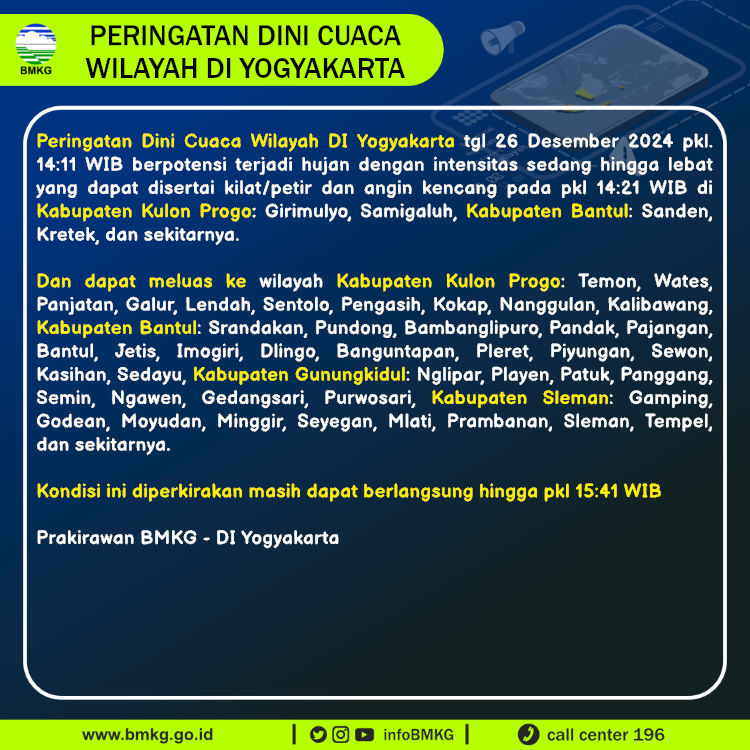 infoBMKG's tweet photo. Update Peringatan Dini Cuaca Wilayah - DI Yogyakarta Tgl. 26 Desember 2024 pkl. 14:21 WIB
Prakirawan - BMKG - DI Yogyakarta
https://t.co/YPaFPXNovX https://t.co/Rc5HhtITYH