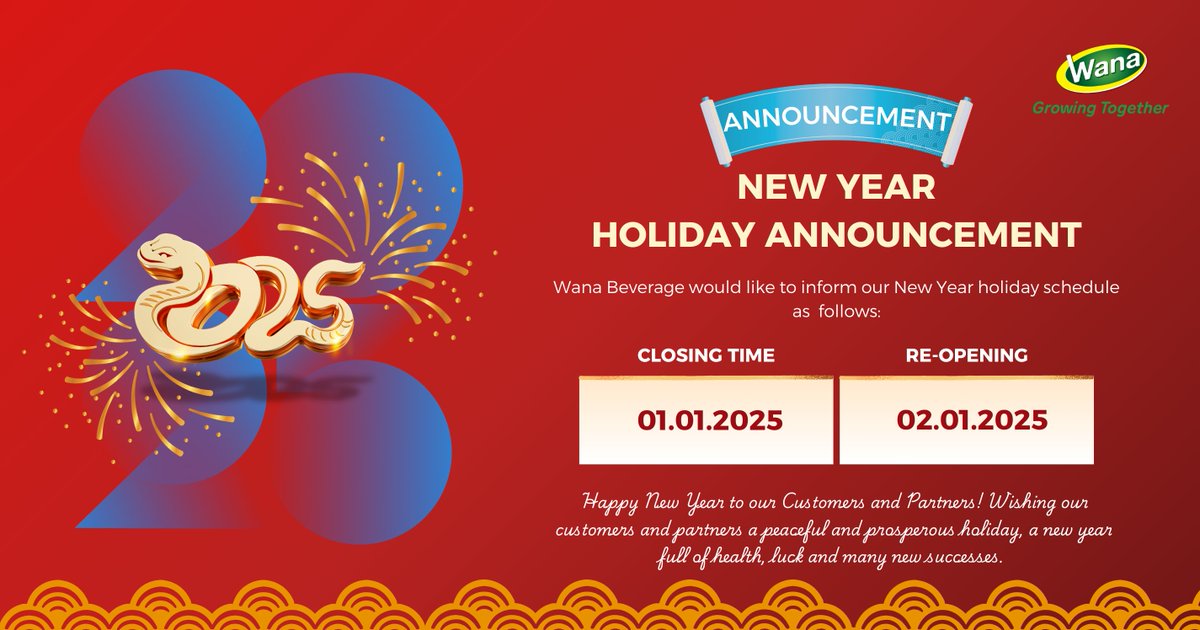 wanabeverage's tweet photo. 🌟 New Year Office Announcement 🌟

Our office will be closed on January 1st, 2024, in celebration of the New Year. We will resume normal operations on January 2nd, 2024.
---
🌐 Website: https://t.co/wtLNedrIJT
📧 Email: inquiry@wana.com.vn
☎️ Hotline/WhatsApp: (+84) 93575 0088 https://t.co/pExfEq0yWn