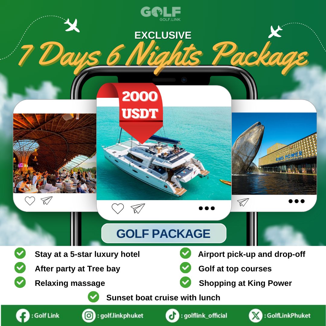 GolfLinkPhuket's tweet photo. Experience the ultimate luxury with our exclusive 7 Days 6 Nights Package! 📷
.
#GolfLink #BlueCanyon #BlueCanyonCountryClub #golfinfluencer #PhuketThailand #Swing #golfswing #holeinone #Golfer #GolfChallenge #golfcommunity https://t.co/C2FVxmMOJZ